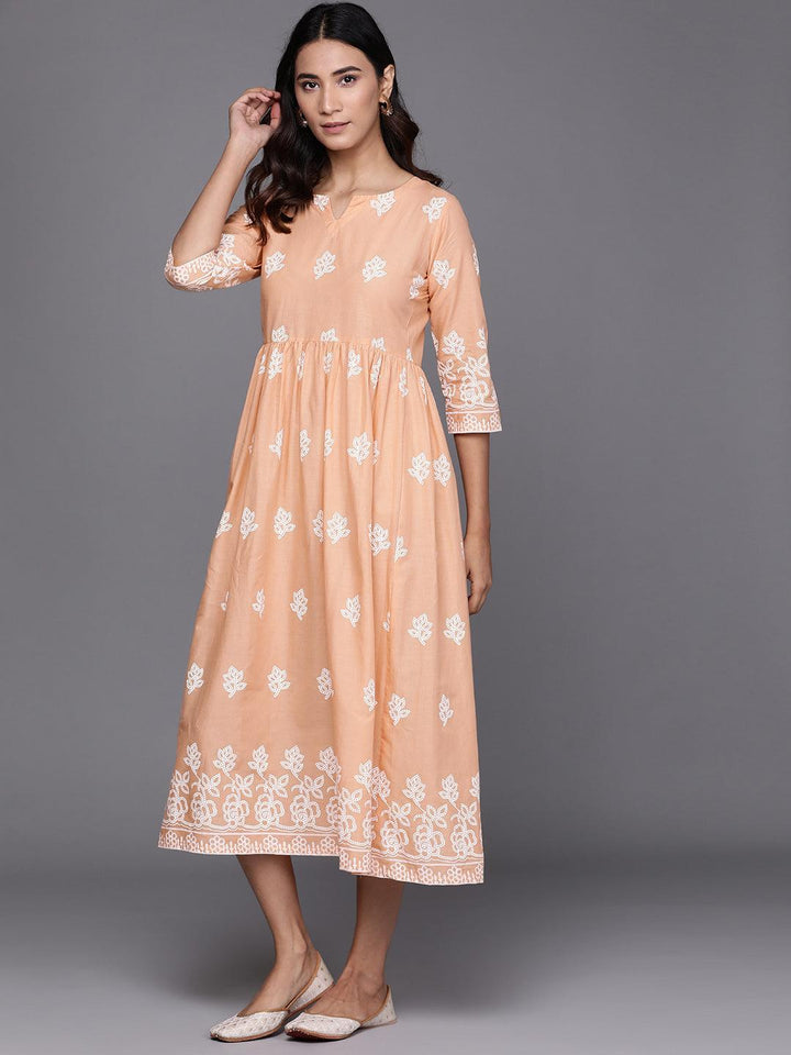 Beige Printed Cotton Dress - ShopLibas