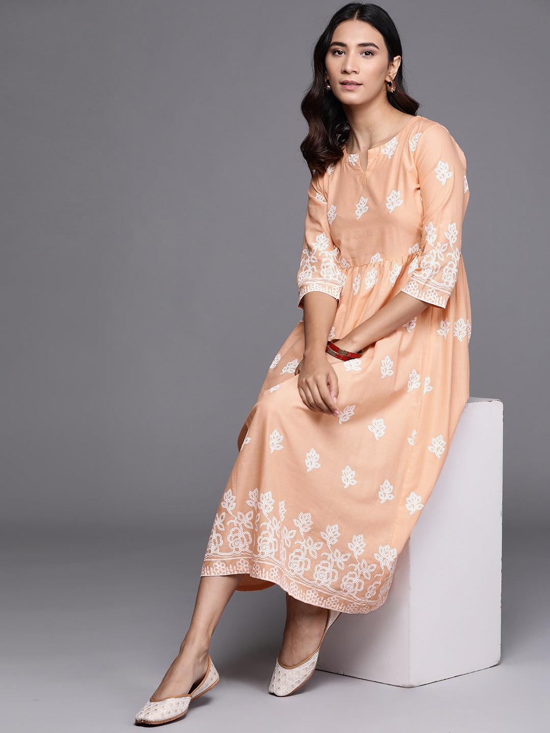 Beige Printed Cotton Dress