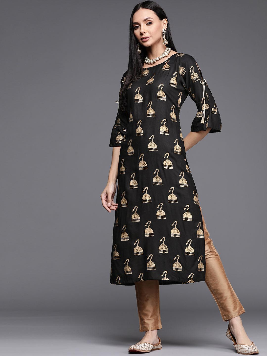 Black Printed Rayon Kurta