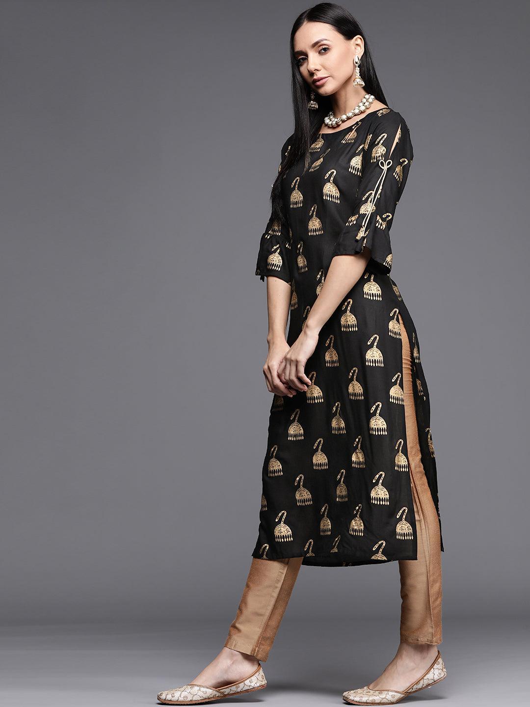 Black Printed Rayon Kurta