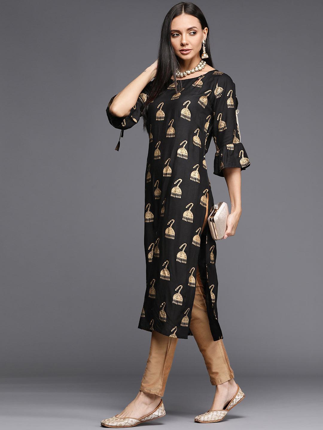 Black Printed Rayon Kurta - ShopLibas