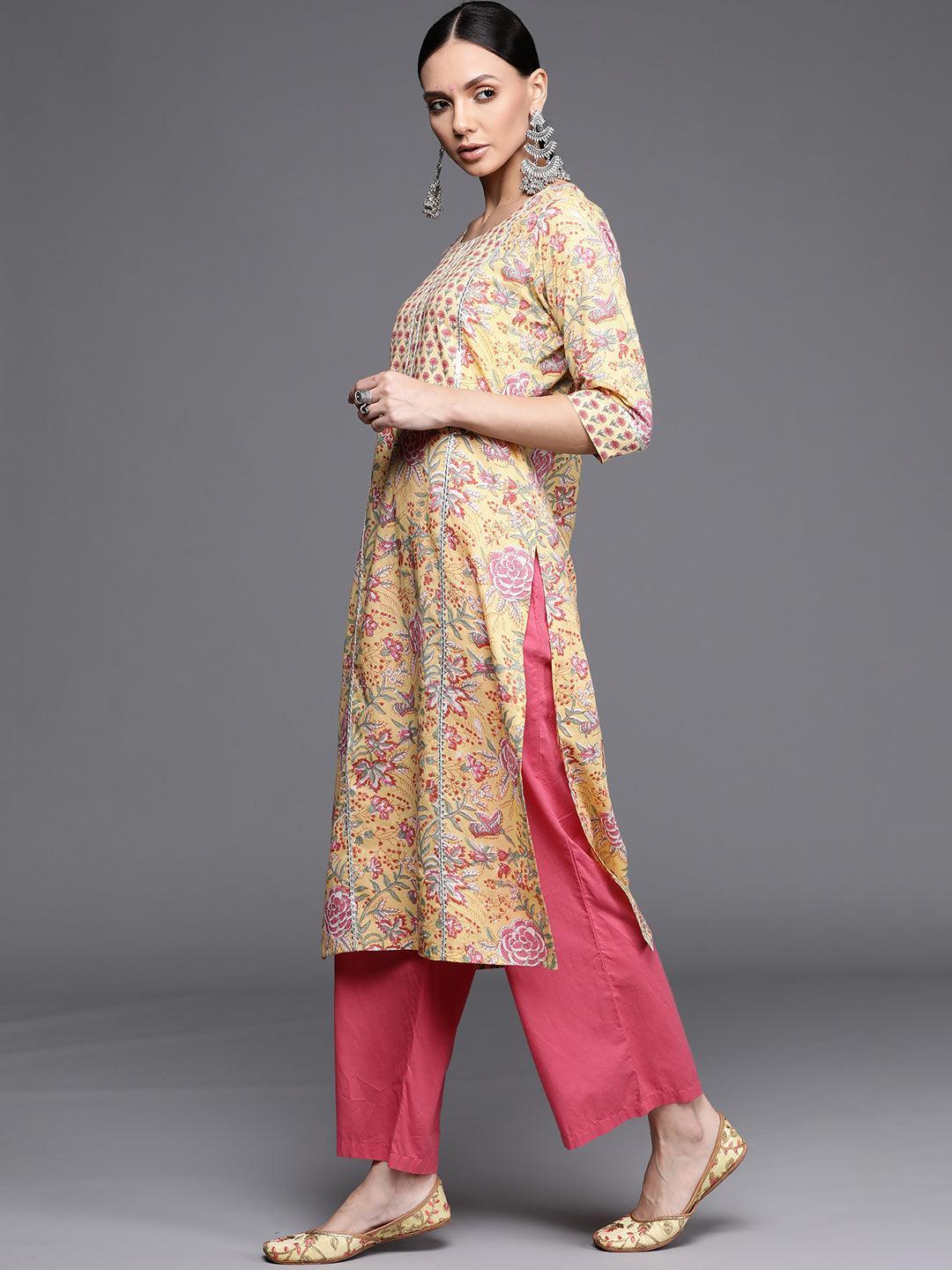 Yellow Printed Cotton Kurta - ShopLibas