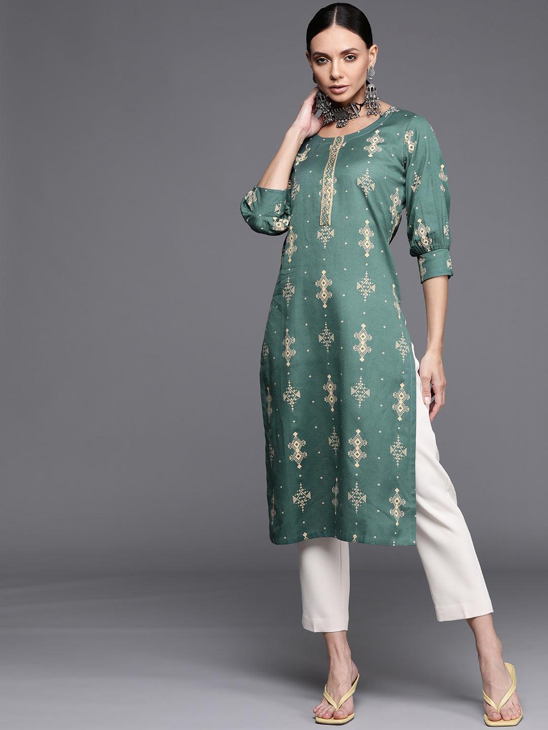 Green Printed Cotton Kurta - ShopLibas