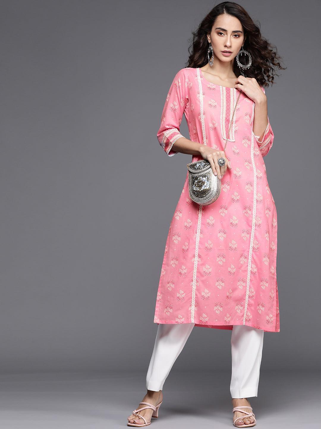 Pink Printed Cotton Kurta