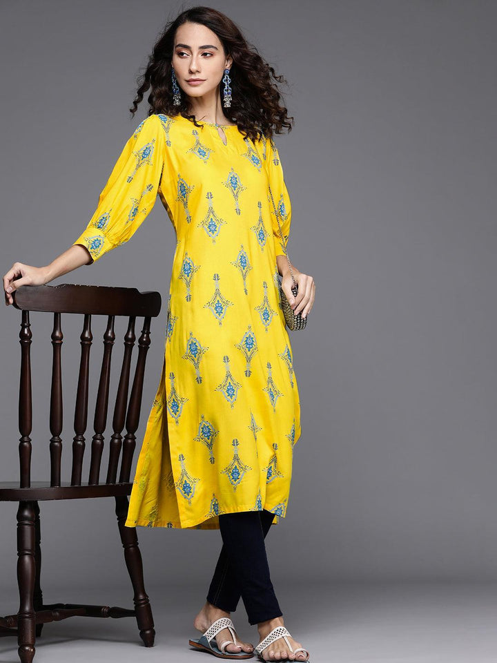 Yellow Printed Cotton Kurta - ShopLibas