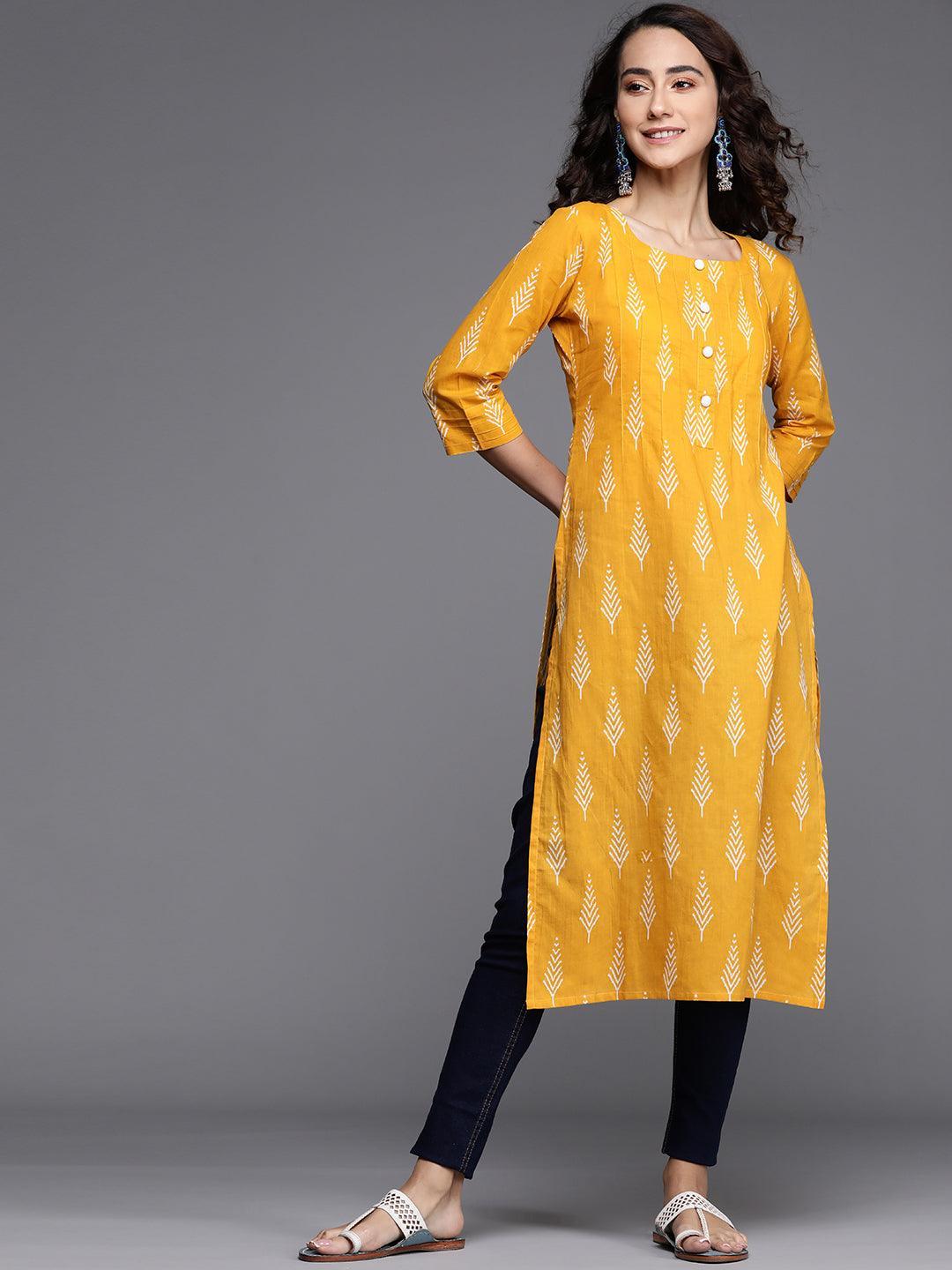 Yellow Printed Cotton Kurta