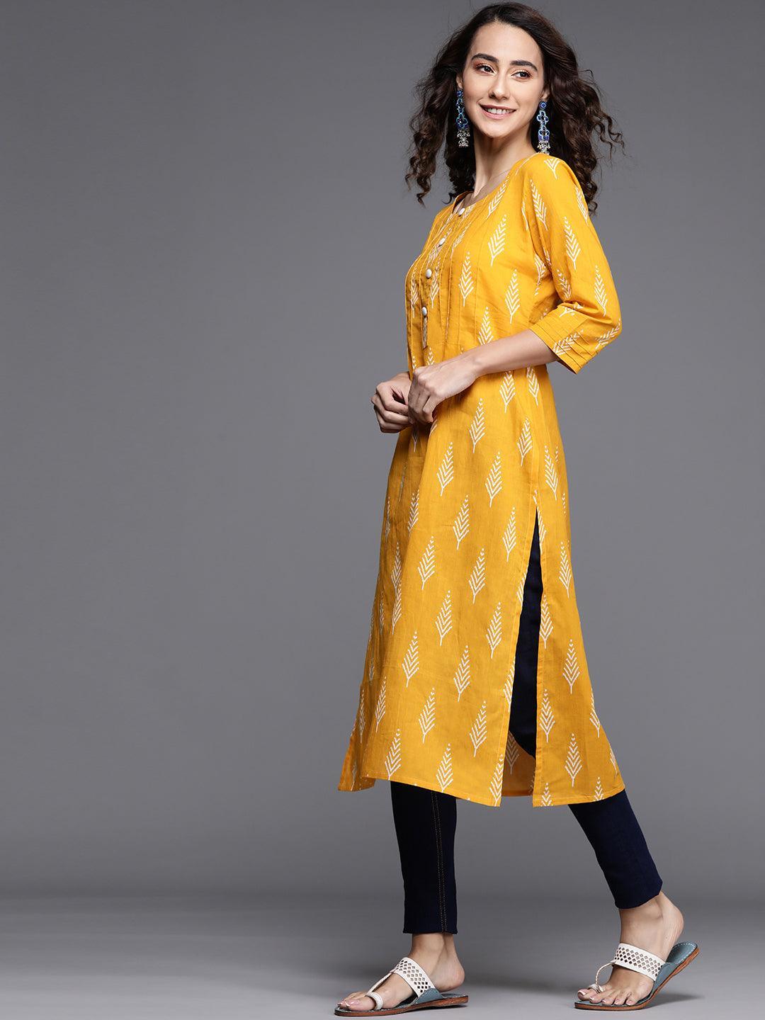 Yellow Printed Cotton Kurta