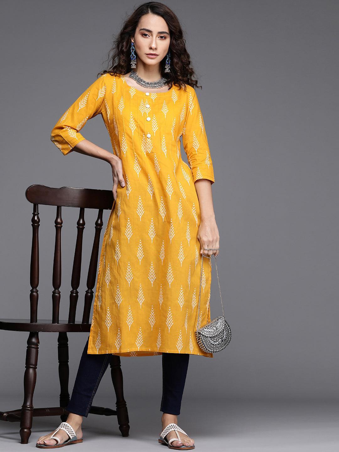 Yellow Printed Cotton Kurta