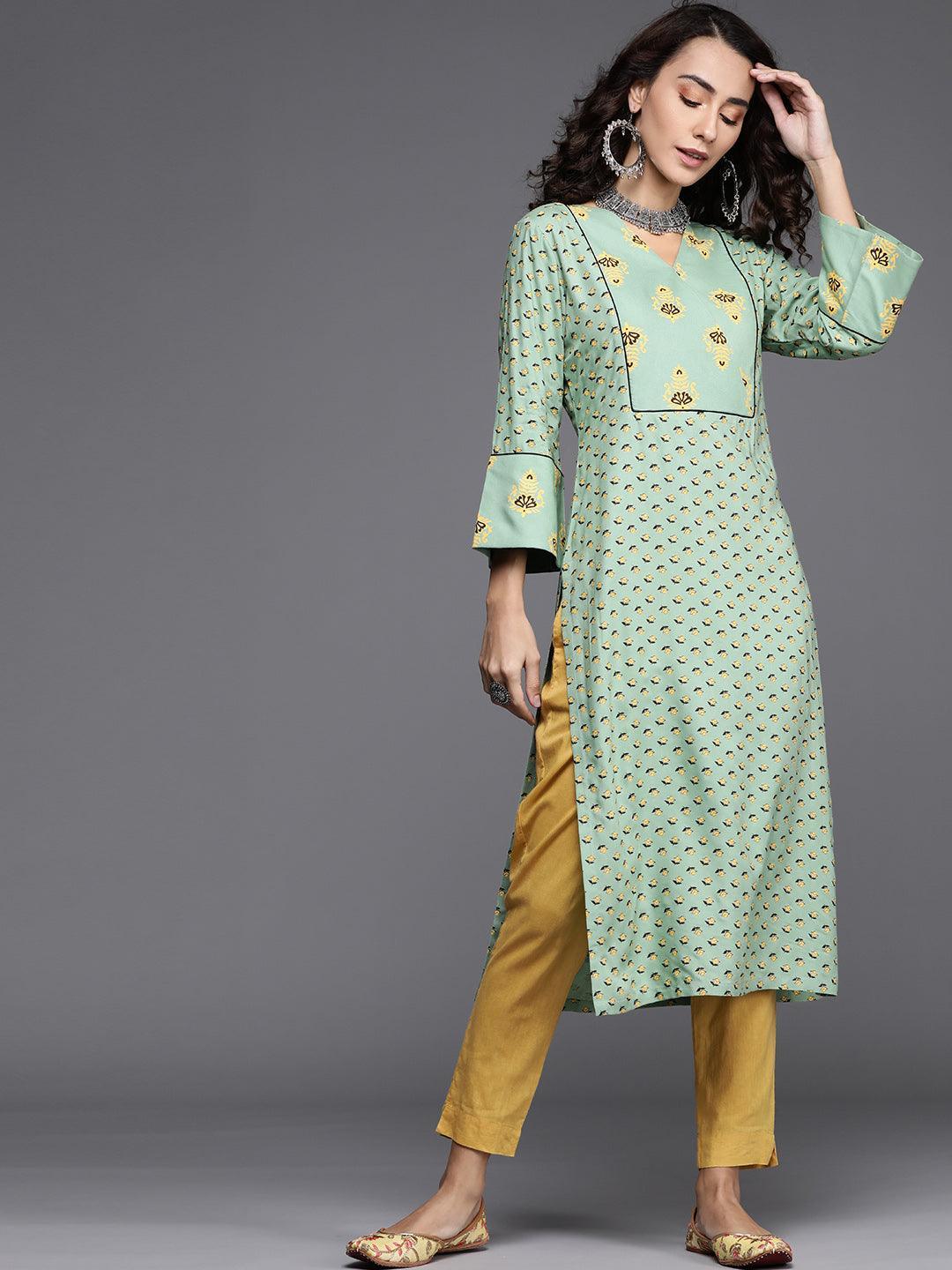 Green Printed Cotton Kurta - ShopLibas