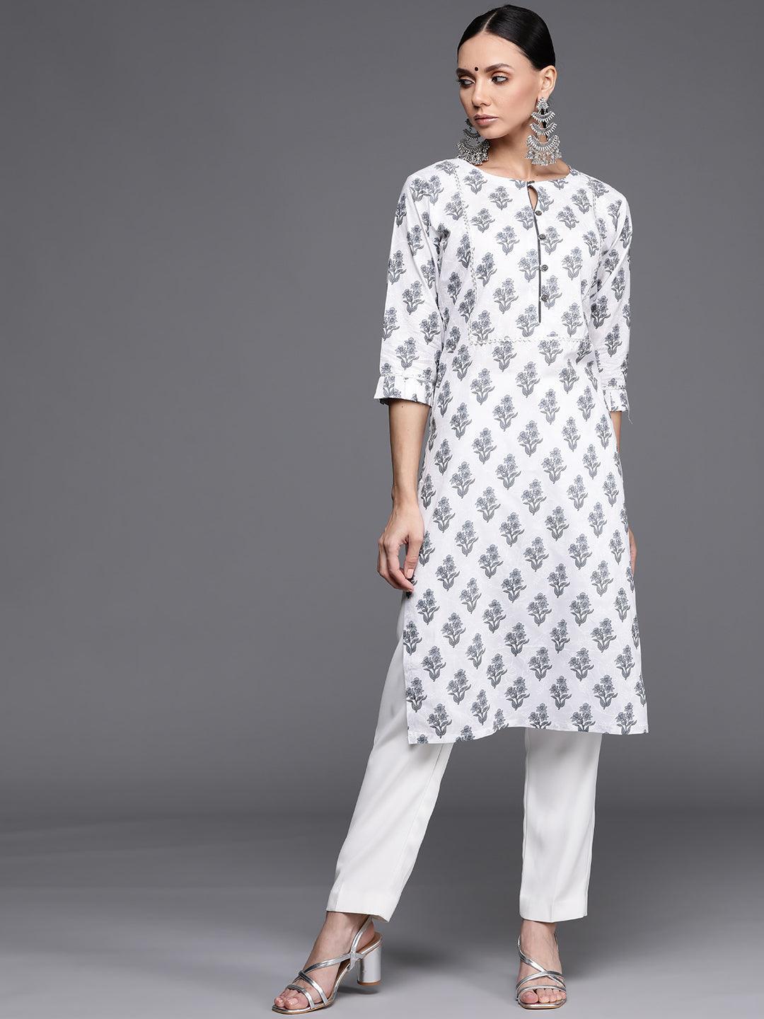 White Printed Cotton Kurta - ShopLibas