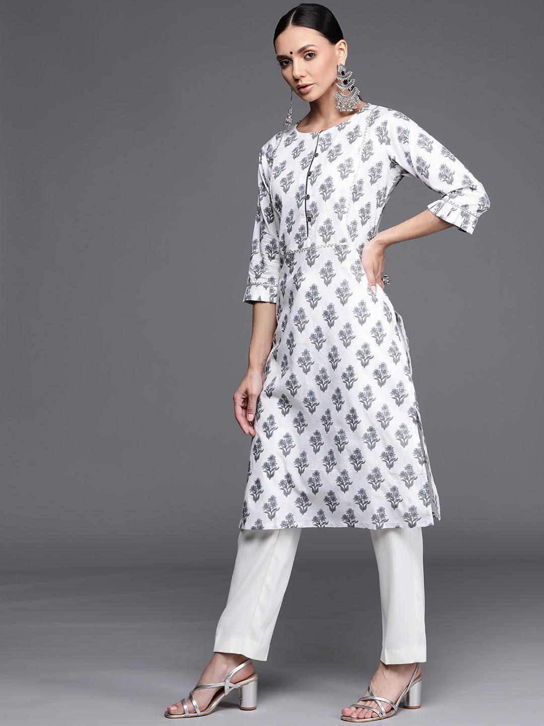 White Printed Cotton Kurta - ShopLibas