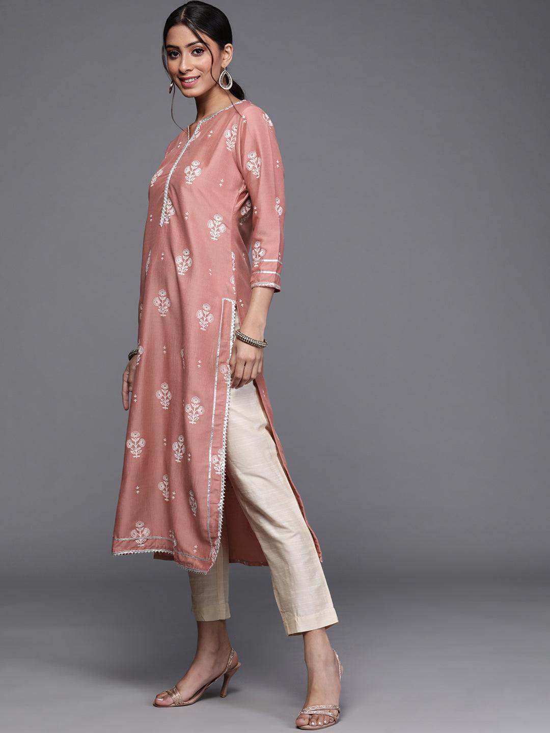 Pink Printed Silk Kurta - ShopLibas