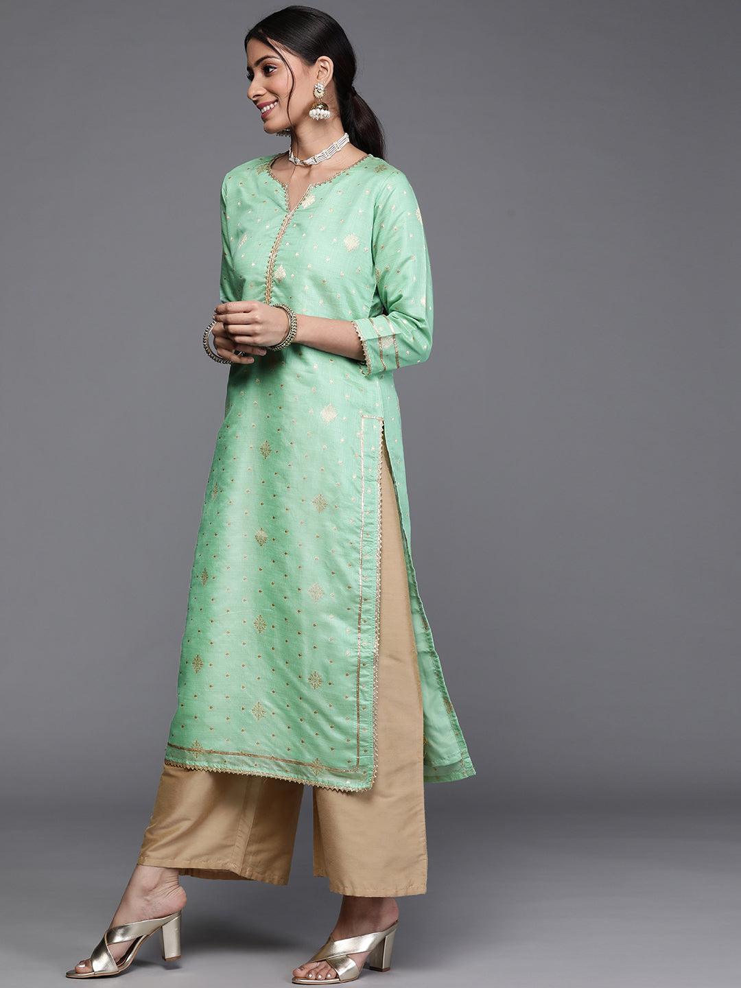 Green Woven Design Chanderi Silk Kurta - ShopLibas