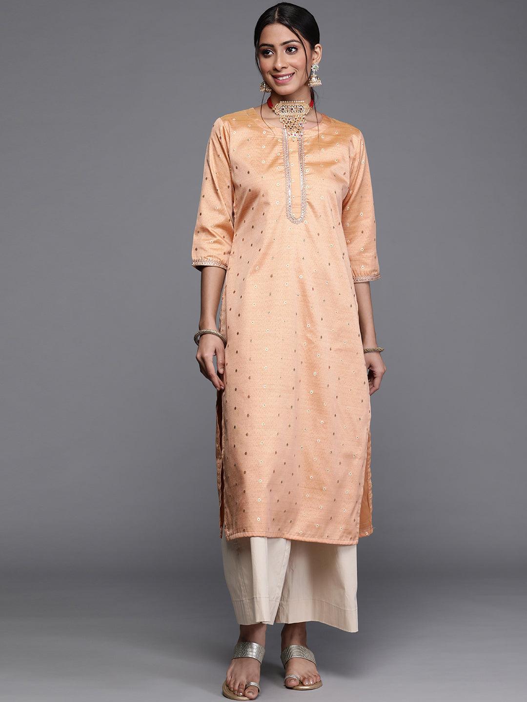 Beige Woven Design Chanderi Silk Kurta - ShopLibas