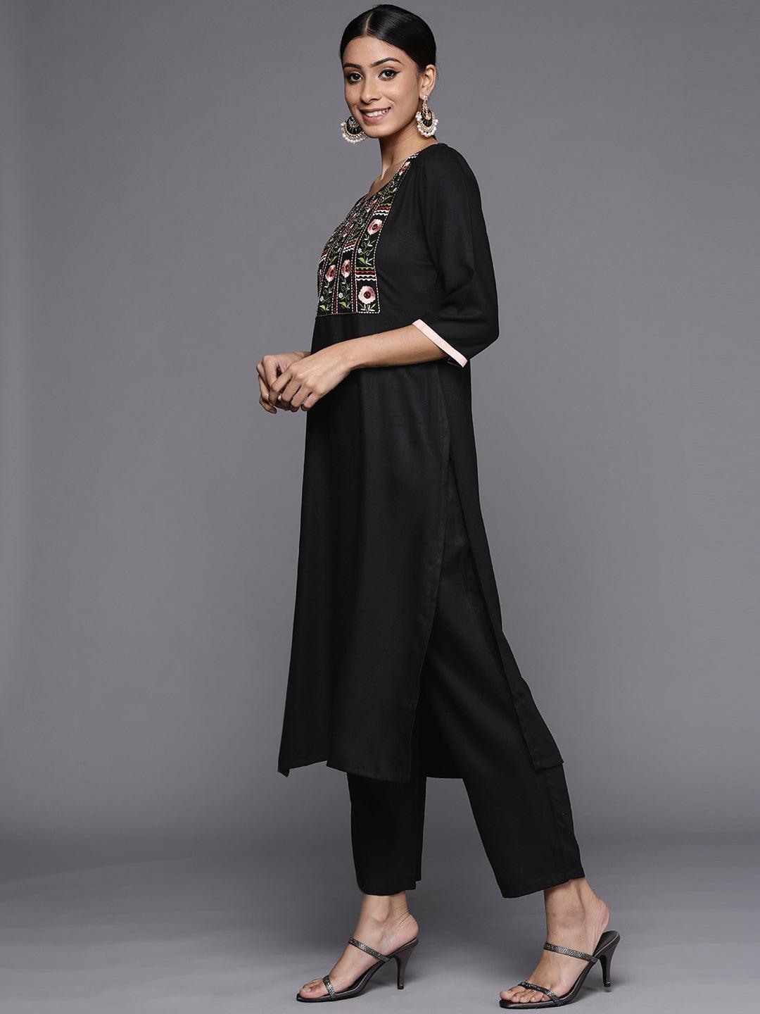 Black Printed Pashmina Wool Kurta - ShopLibas