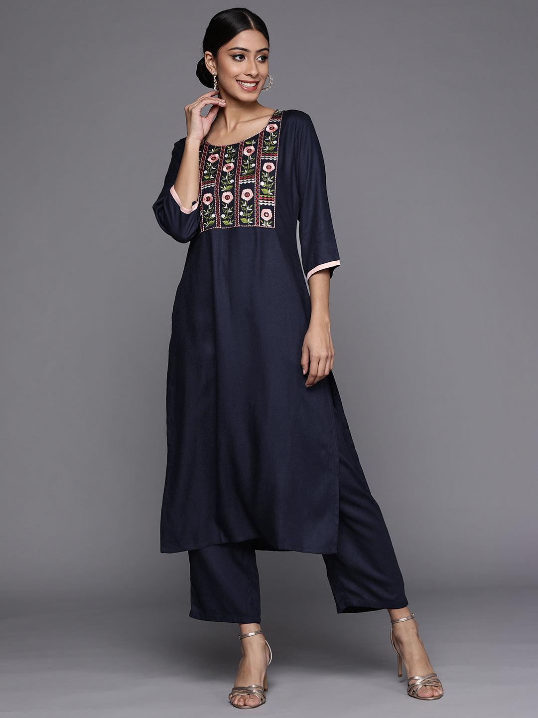 Blue Printed Pashmina Wool Kurta