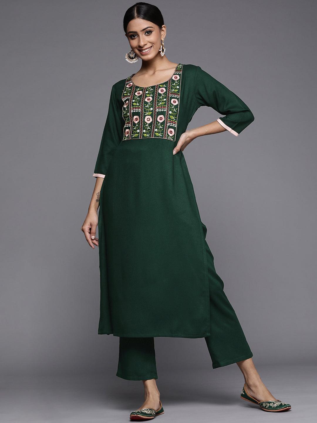 Green Printed Pashmina Wool Kurta