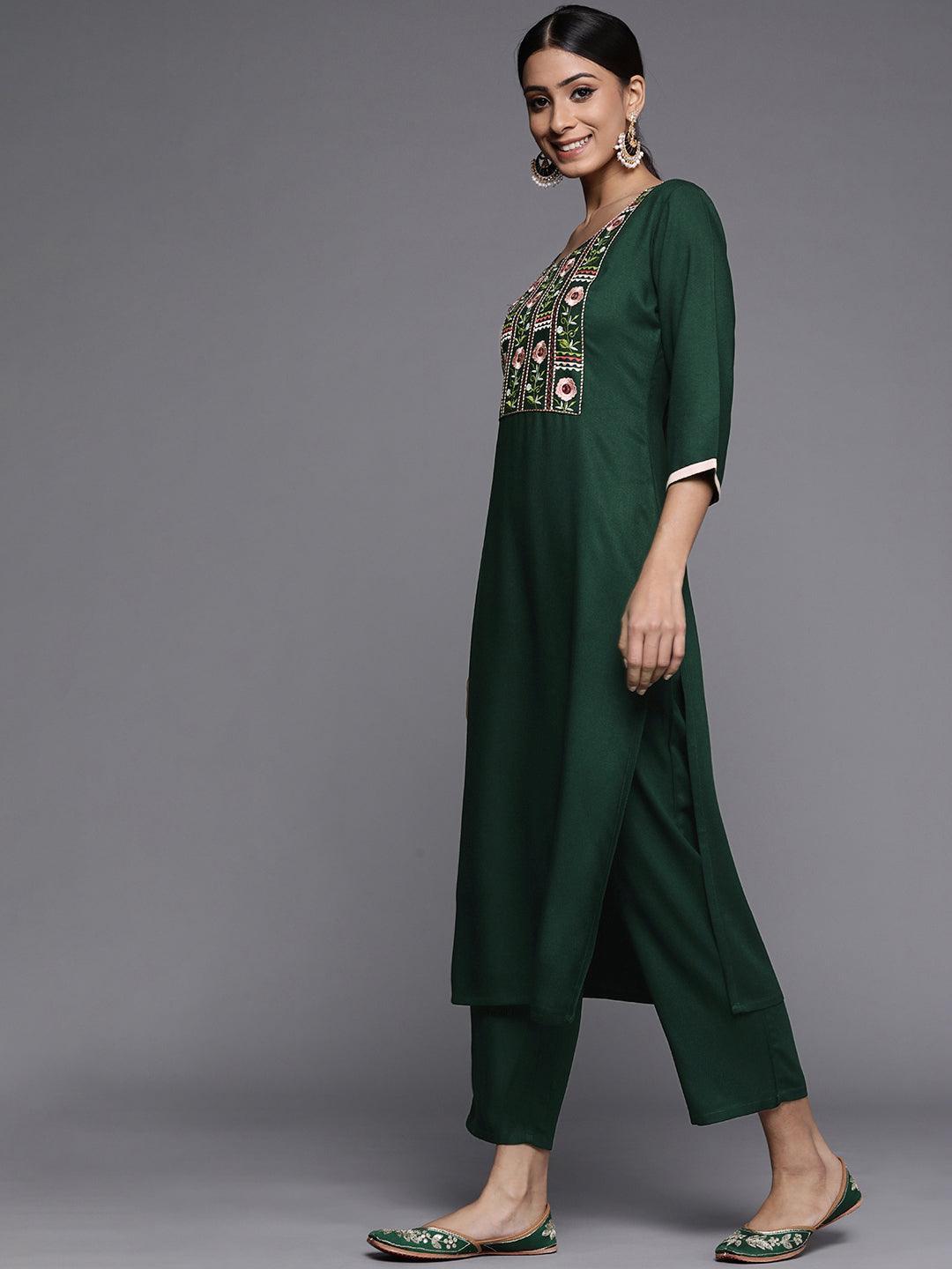 Green Printed Pashmina Wool Kurta - ShopLibas