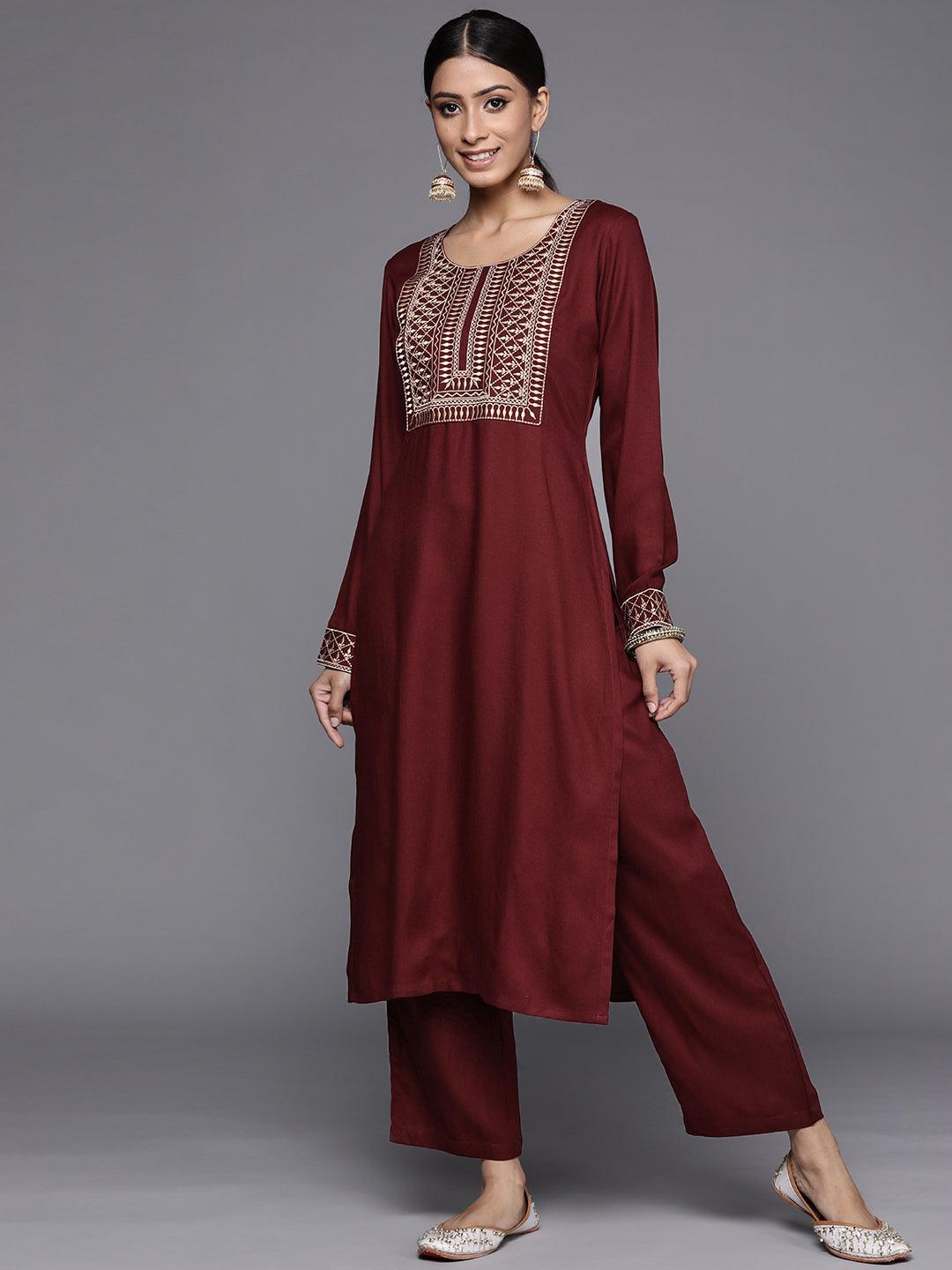 Maroon Printed Pashmina Wool Kurta