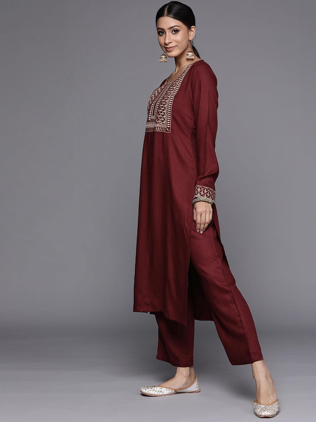 Maroon Printed Pashmina Wool Kurta