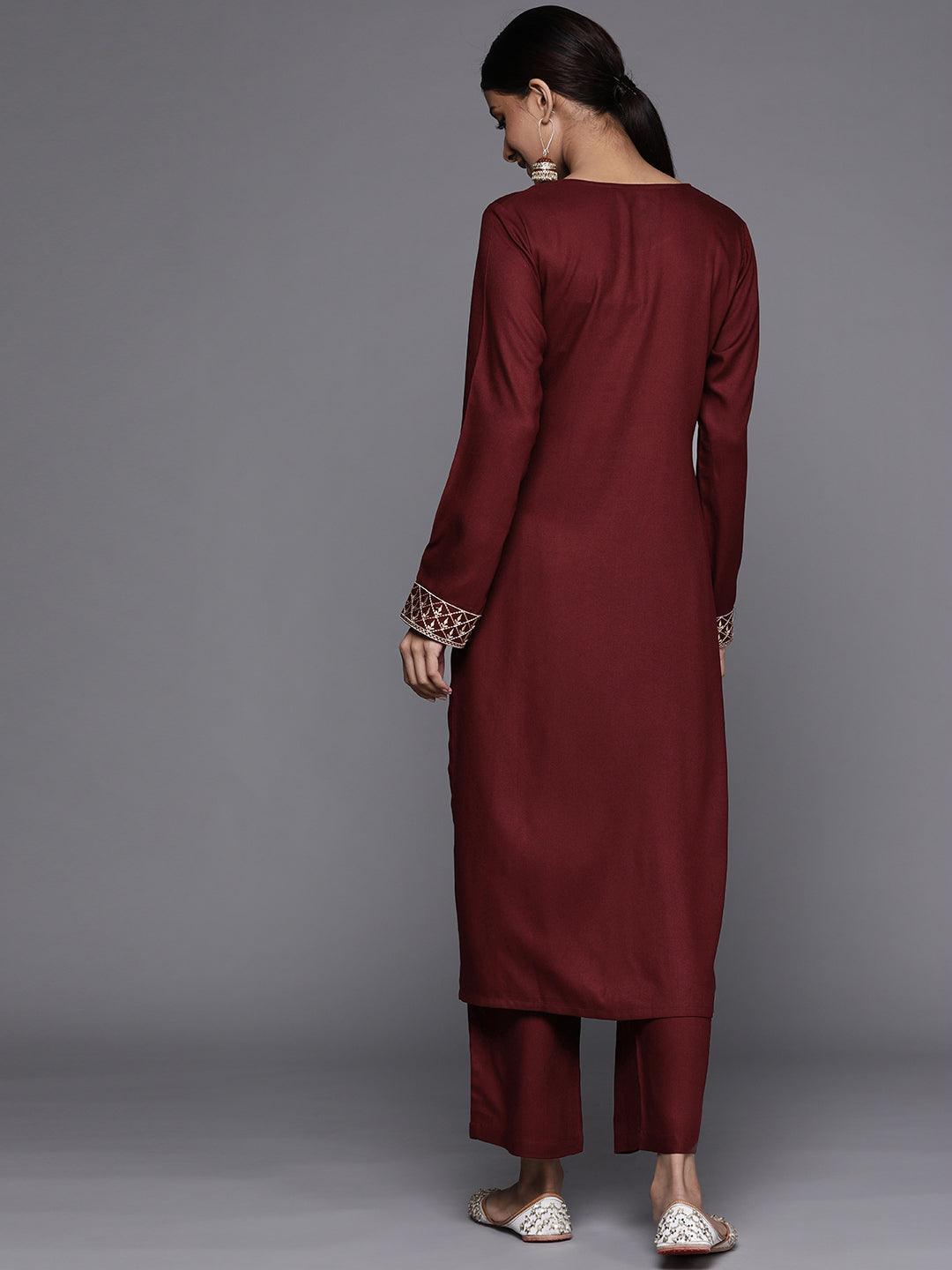 Maroon Printed Pashmina Wool Kurta