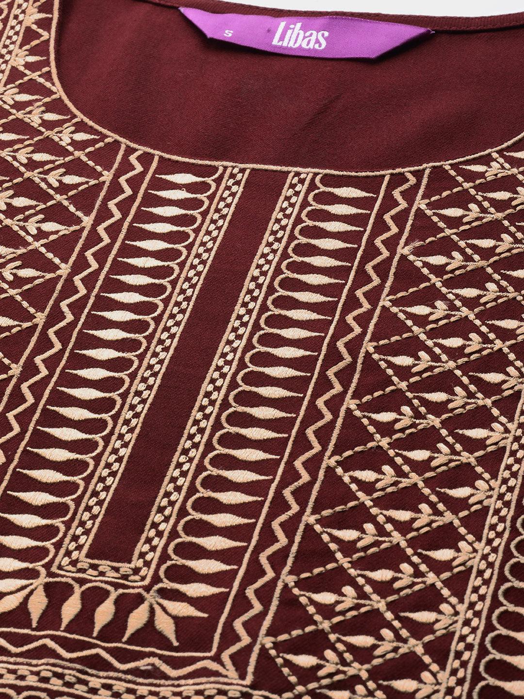 Maroon Printed Pashmina Wool Kurta