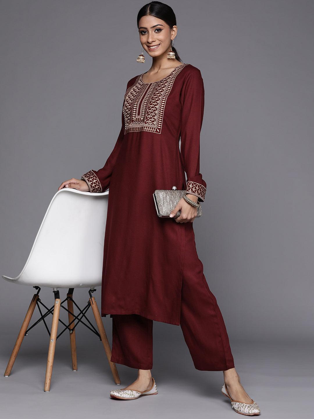 Maroon Printed Pashmina Wool Kurta