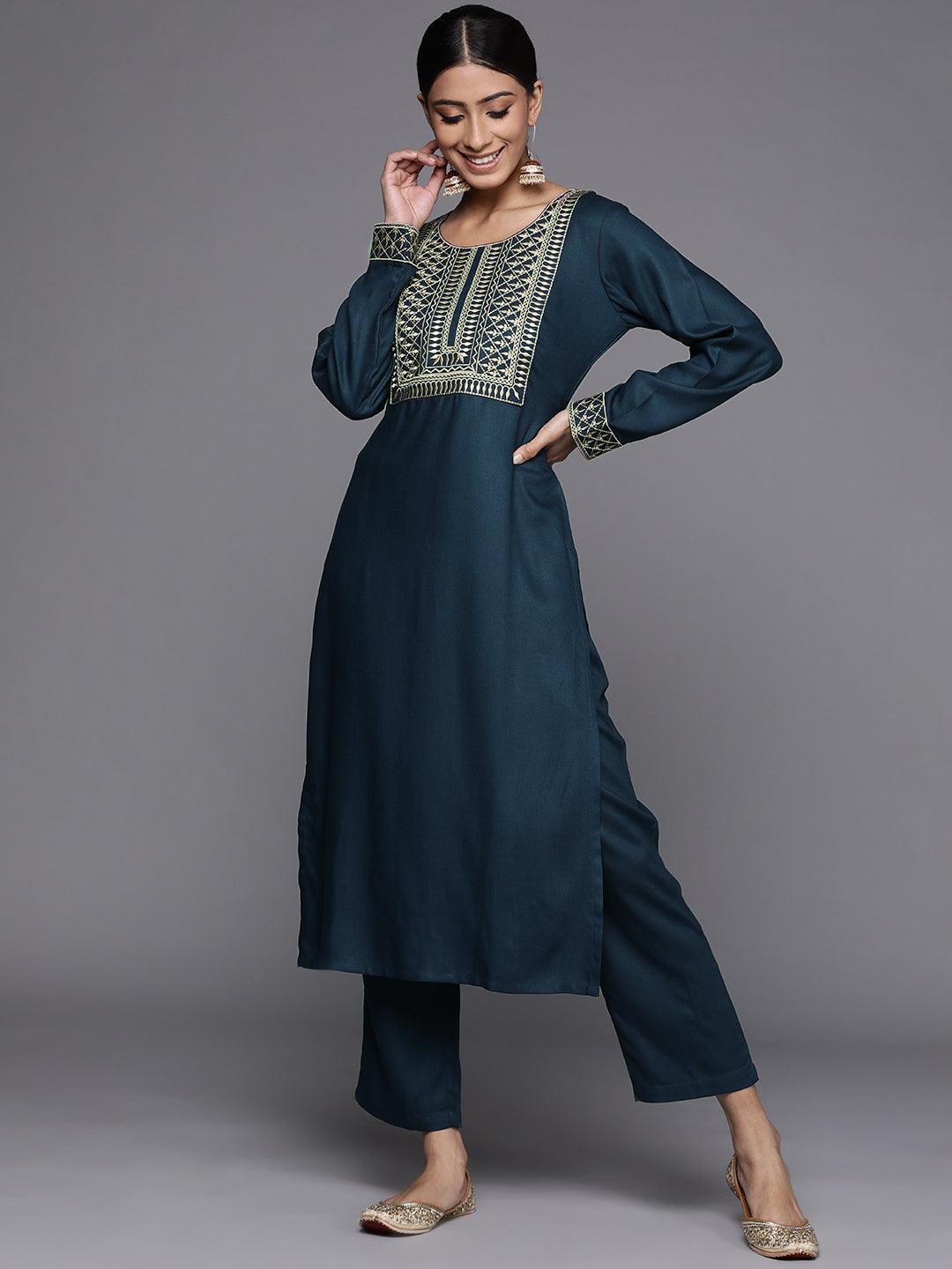 Blue Printed Pashmina Wool Kurta