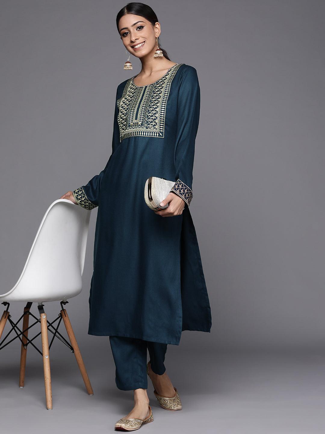 Blue Printed Pashmina Wool Kurta