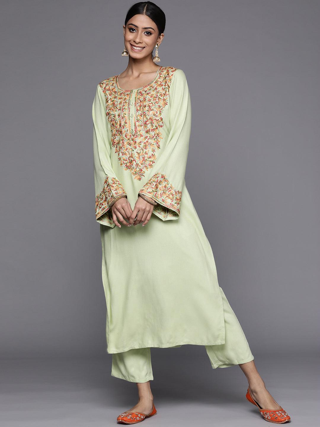 Green Printed Pashmina Wool Kurta