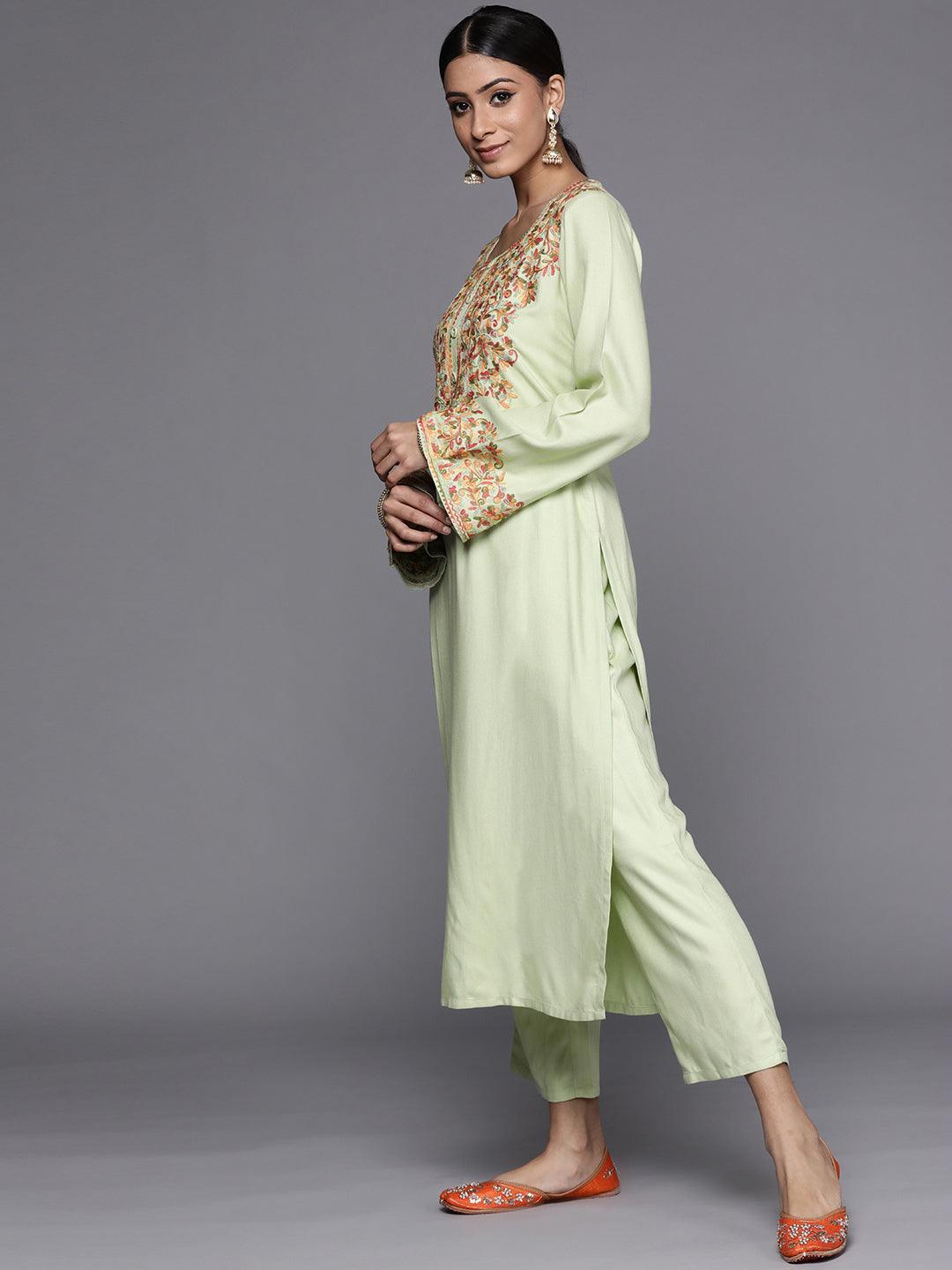 Green Printed Pashmina Wool Kurta