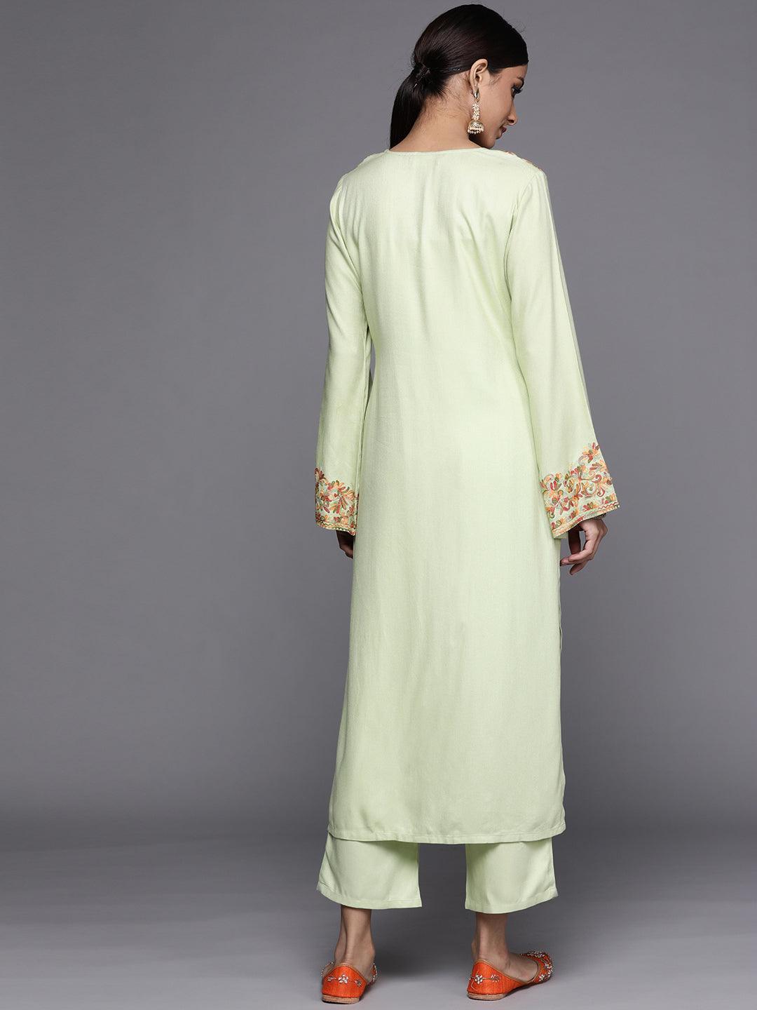 Green Printed Pashmina Wool Kurta