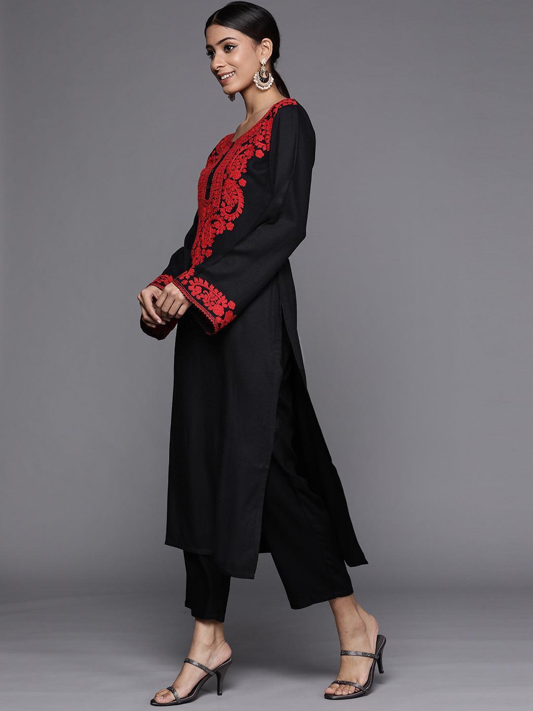 Black Printed Pashmina Wool Kurta