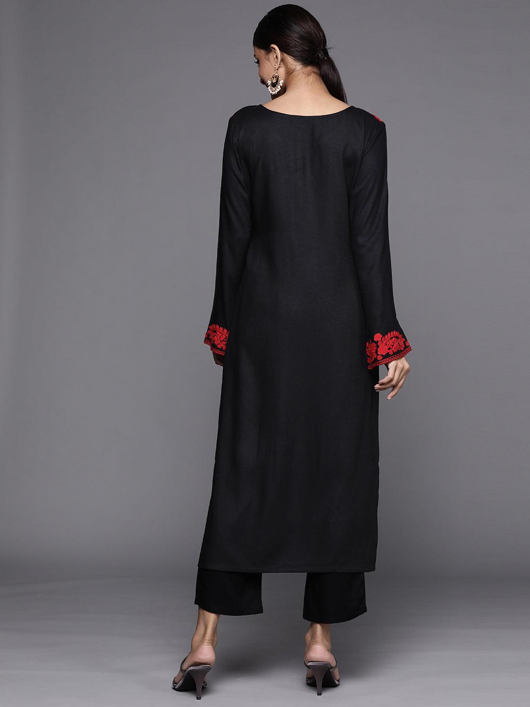 Black Printed Pashmina Wool Kurta - ShopLibas