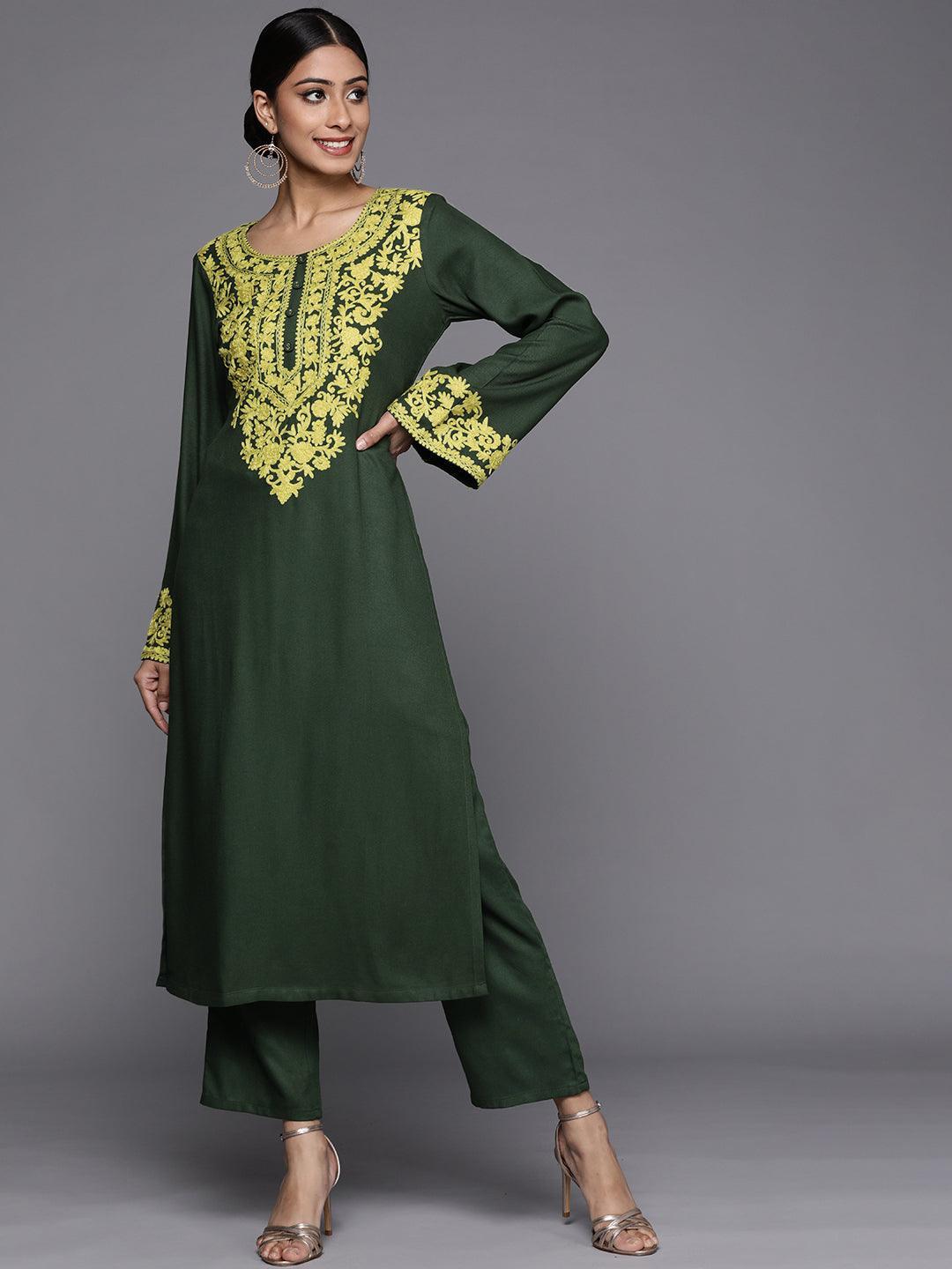 Green Printed Pashmina Wool Kurta