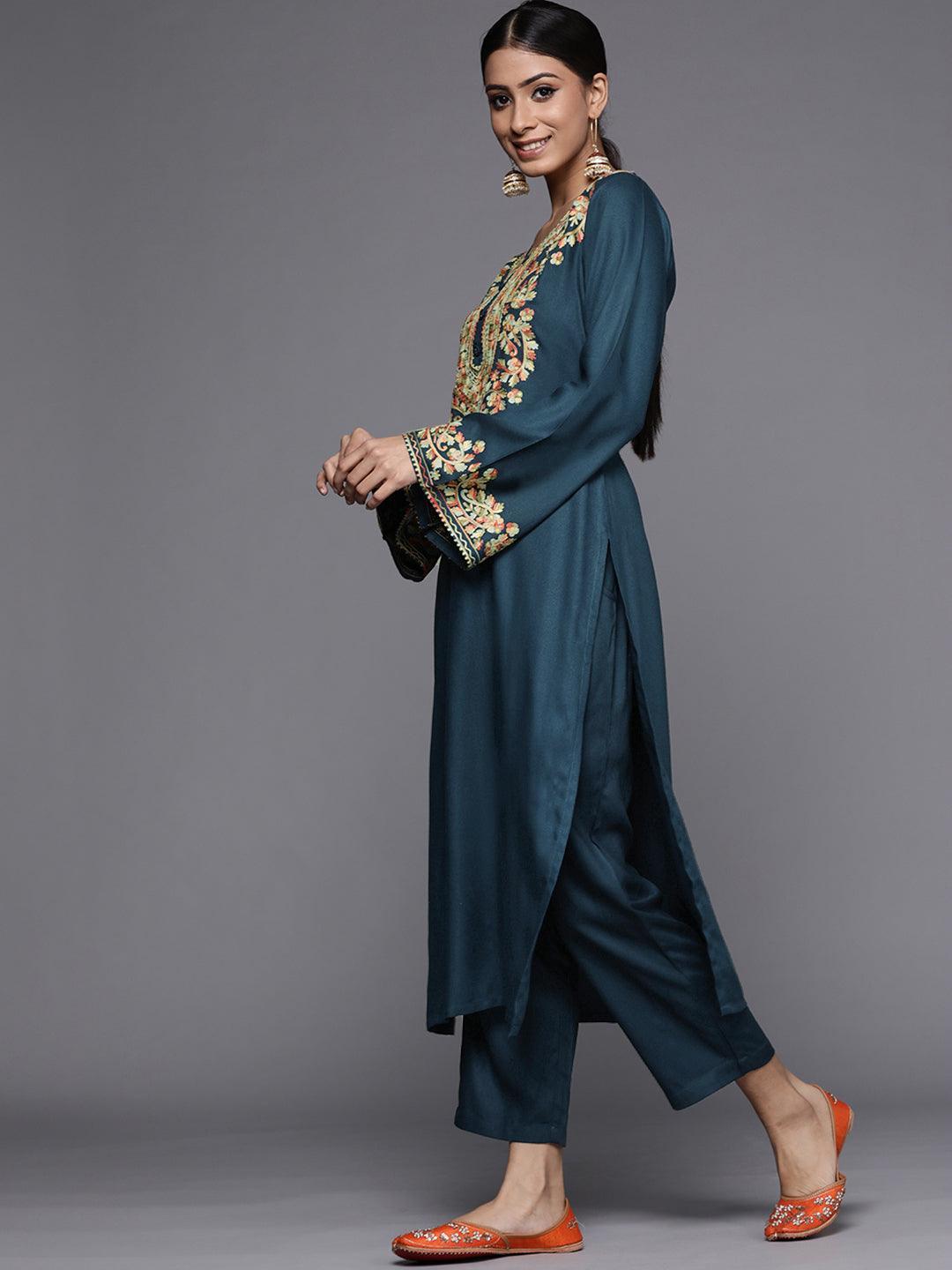 Blue Printed Pashmina Wool Kurta