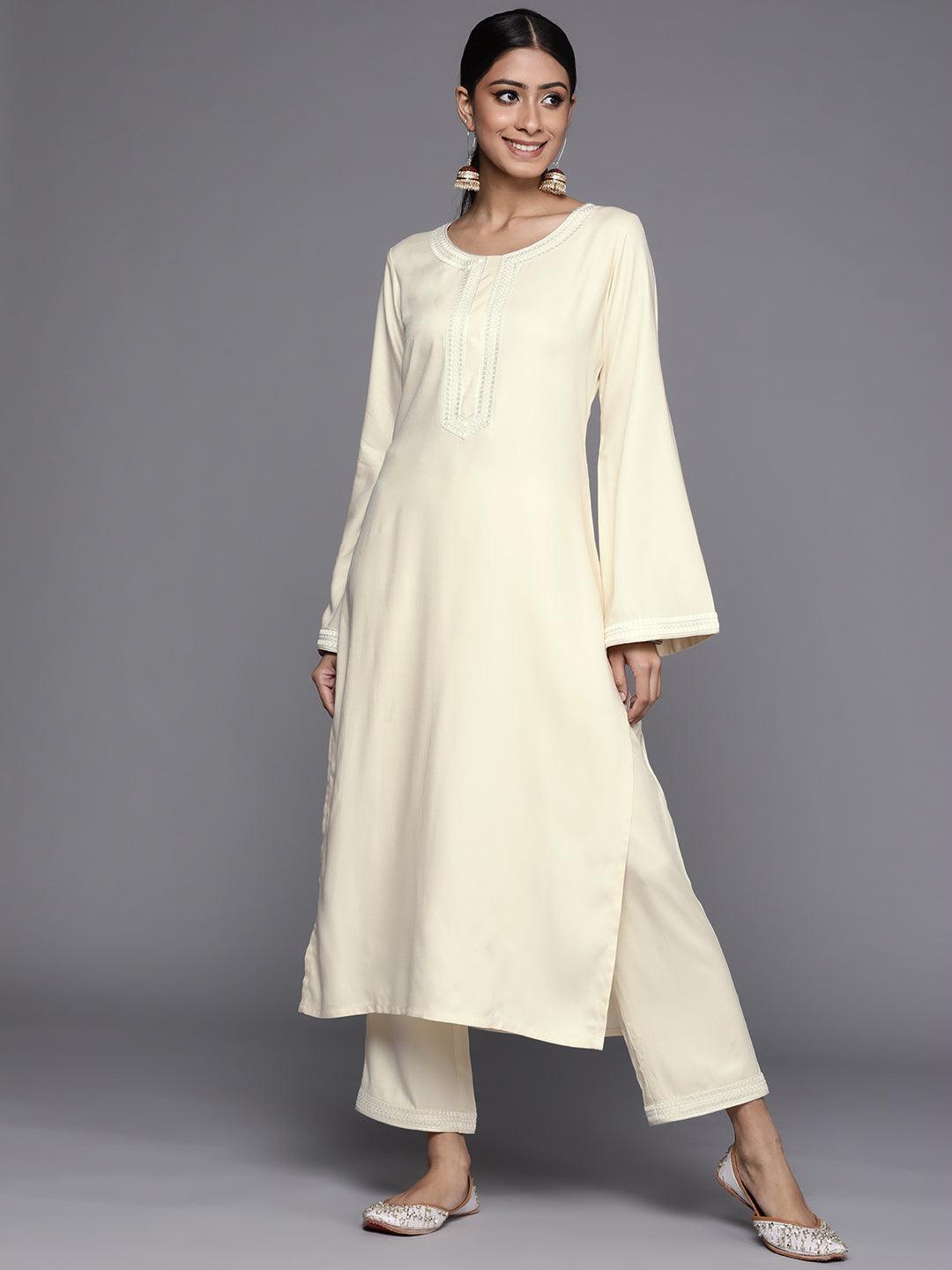 Cream Embroidered Pashmina Wool Kurta