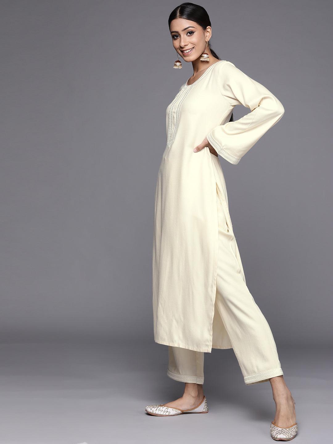 Cream Embroidered Pashmina Wool Kurta