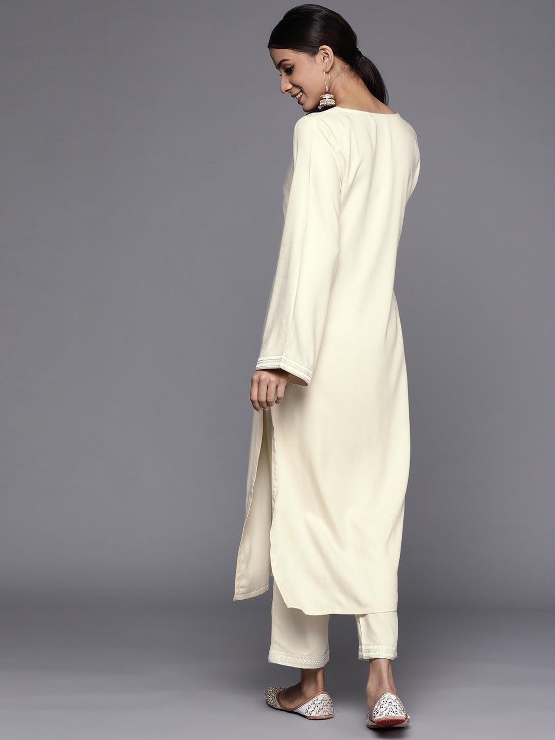 Cream Embroidered Pashmina Wool Kurta