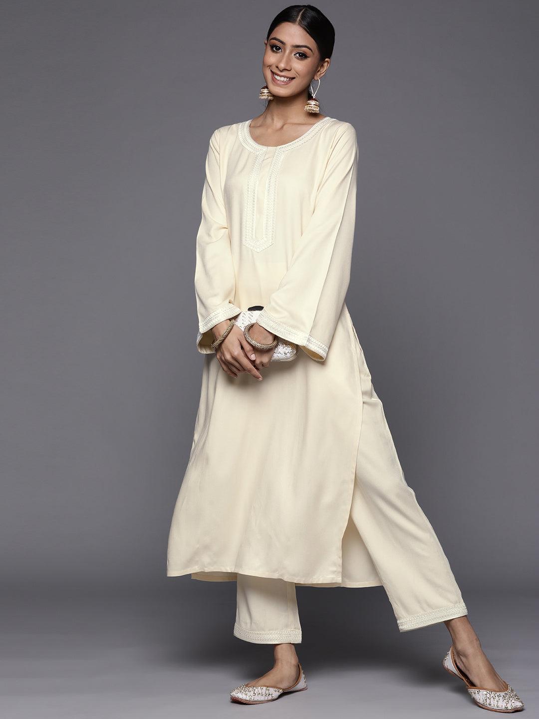 Cream Embroidered Pashmina Wool Kurta