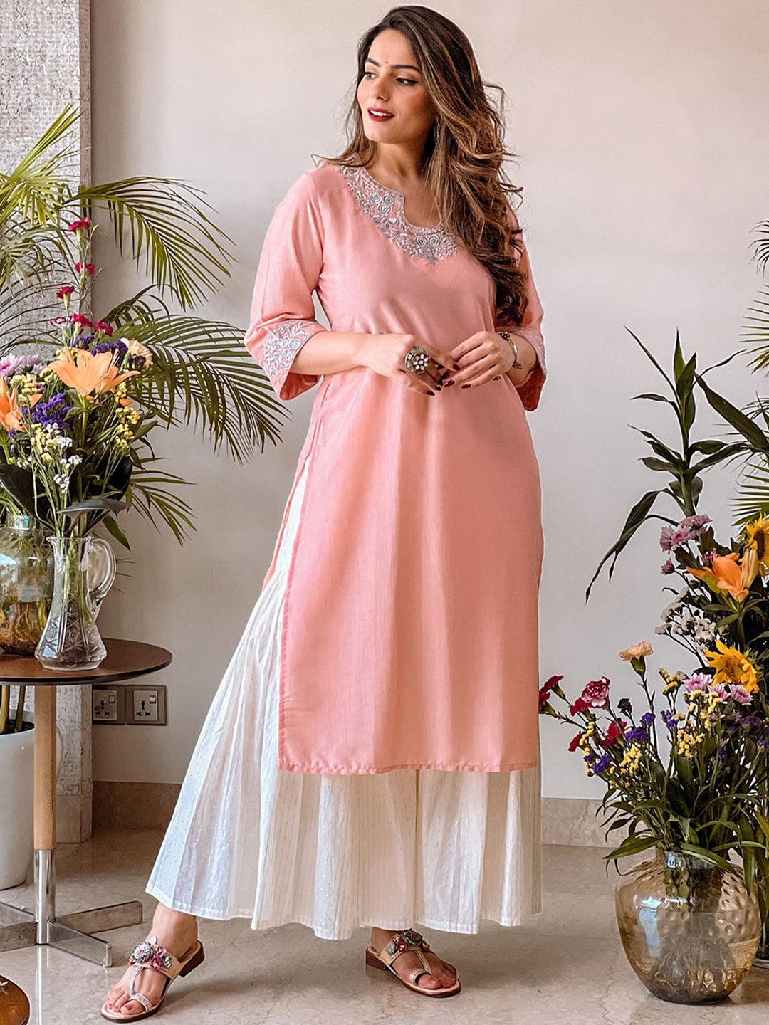 Pink Yoke Design Chanderi Silk Kurta