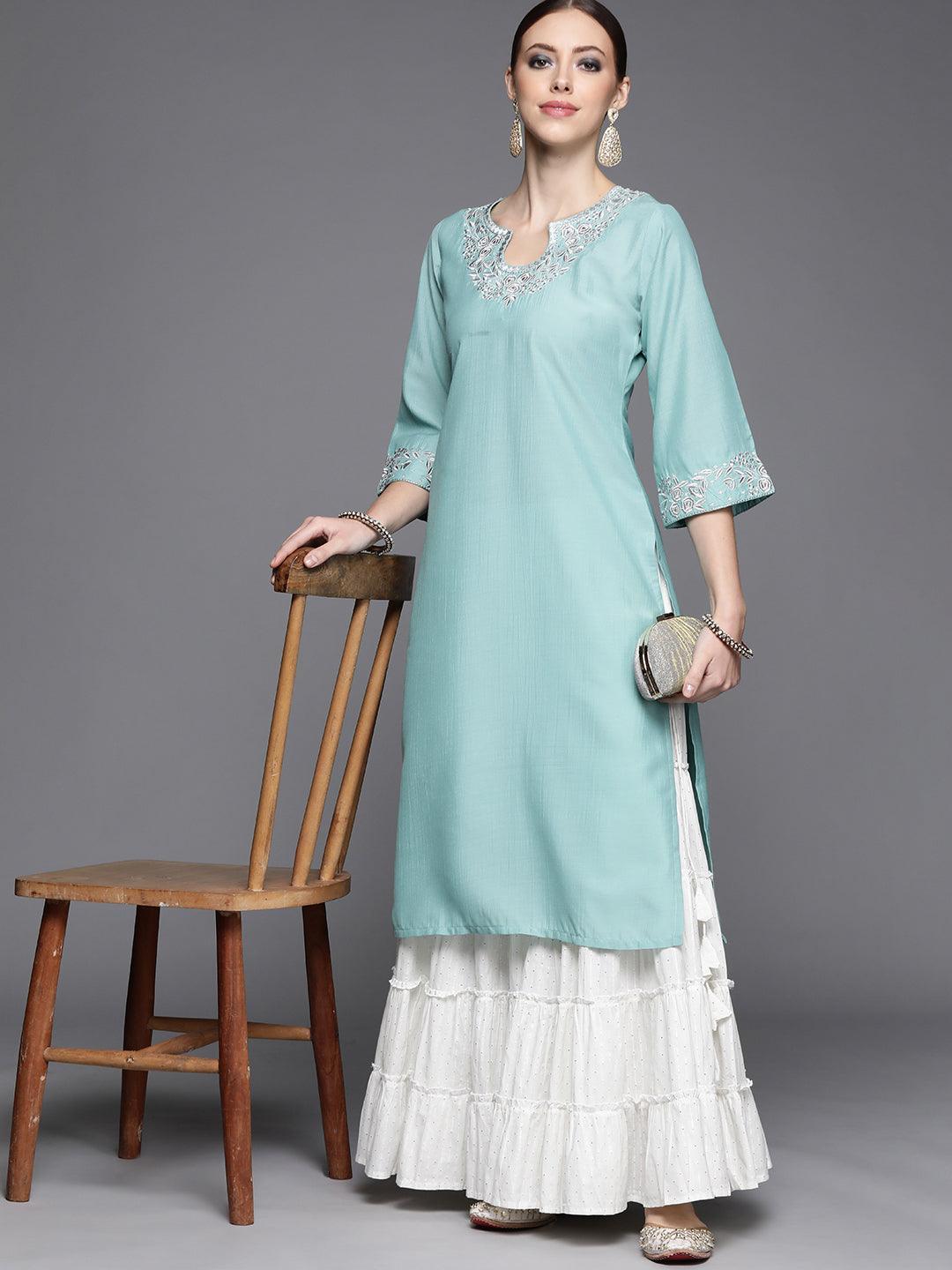 Blue Yoke Design Chanderi Silk Kurta