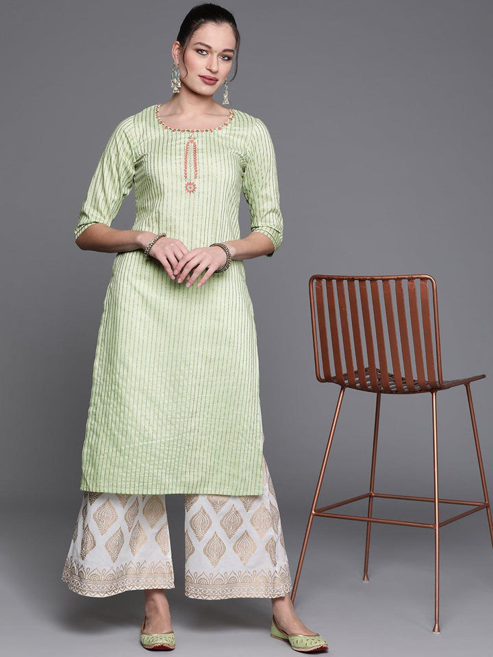 Green Striped Chanderi Silk Kurta - ShopLibas