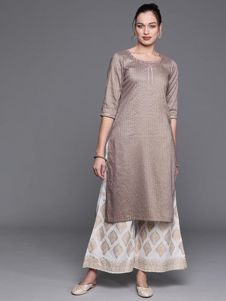 Grey Striped Chanderi Silk Kurta - ShopLibas