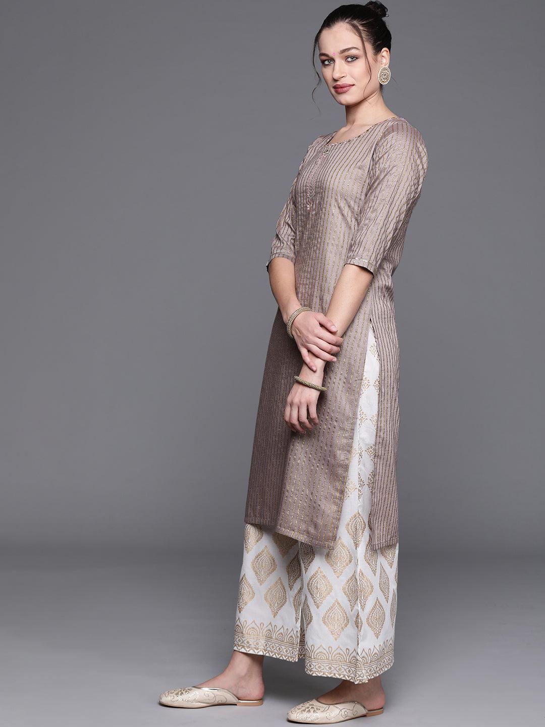 Grey Striped Chanderi Silk Kurta - ShopLibas