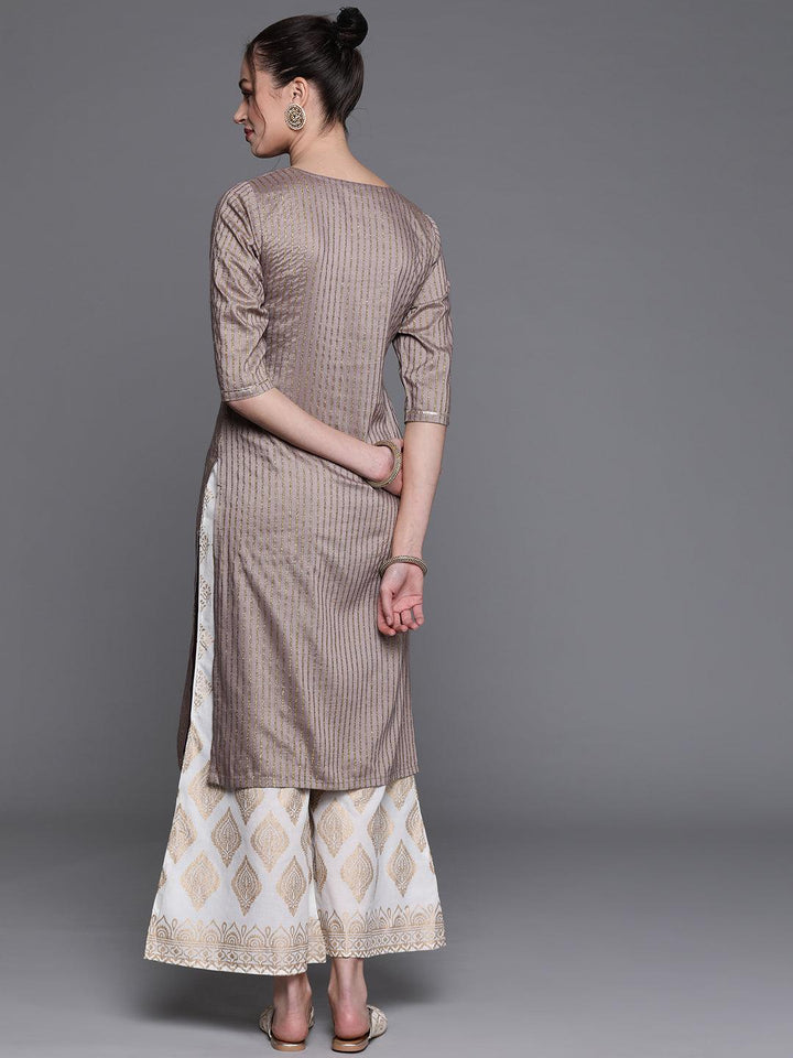 Grey Striped Chanderi Silk Kurta - ShopLibas