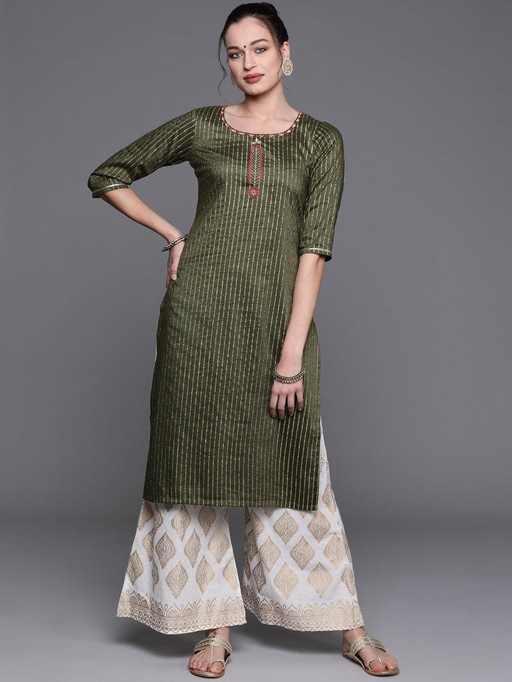 Green Striped Chanderi Silk Kurta - ShopLibas