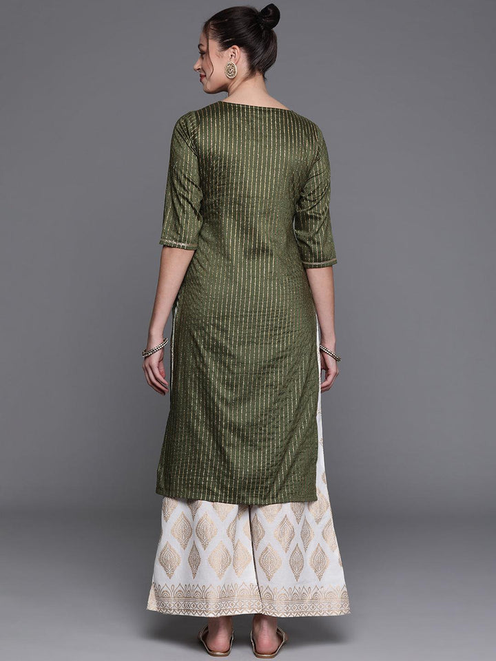 Green Striped Chanderi Silk Kurta - ShopLibas