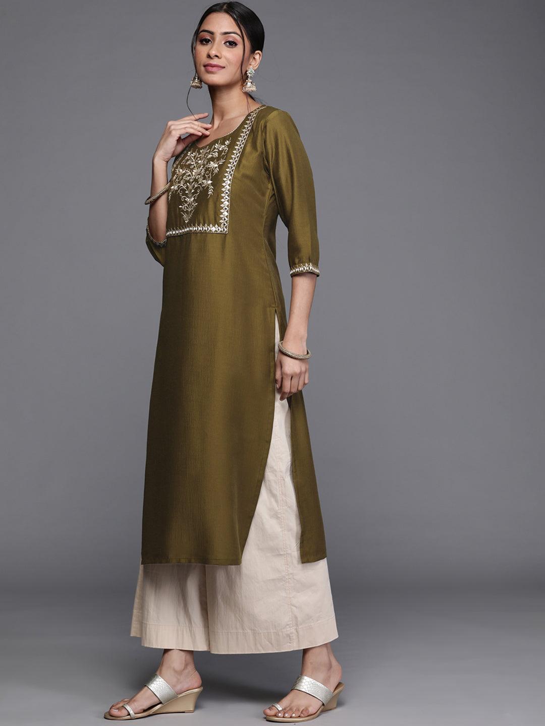 Green Printed Chanderi Silk Kurta - ShopLibas