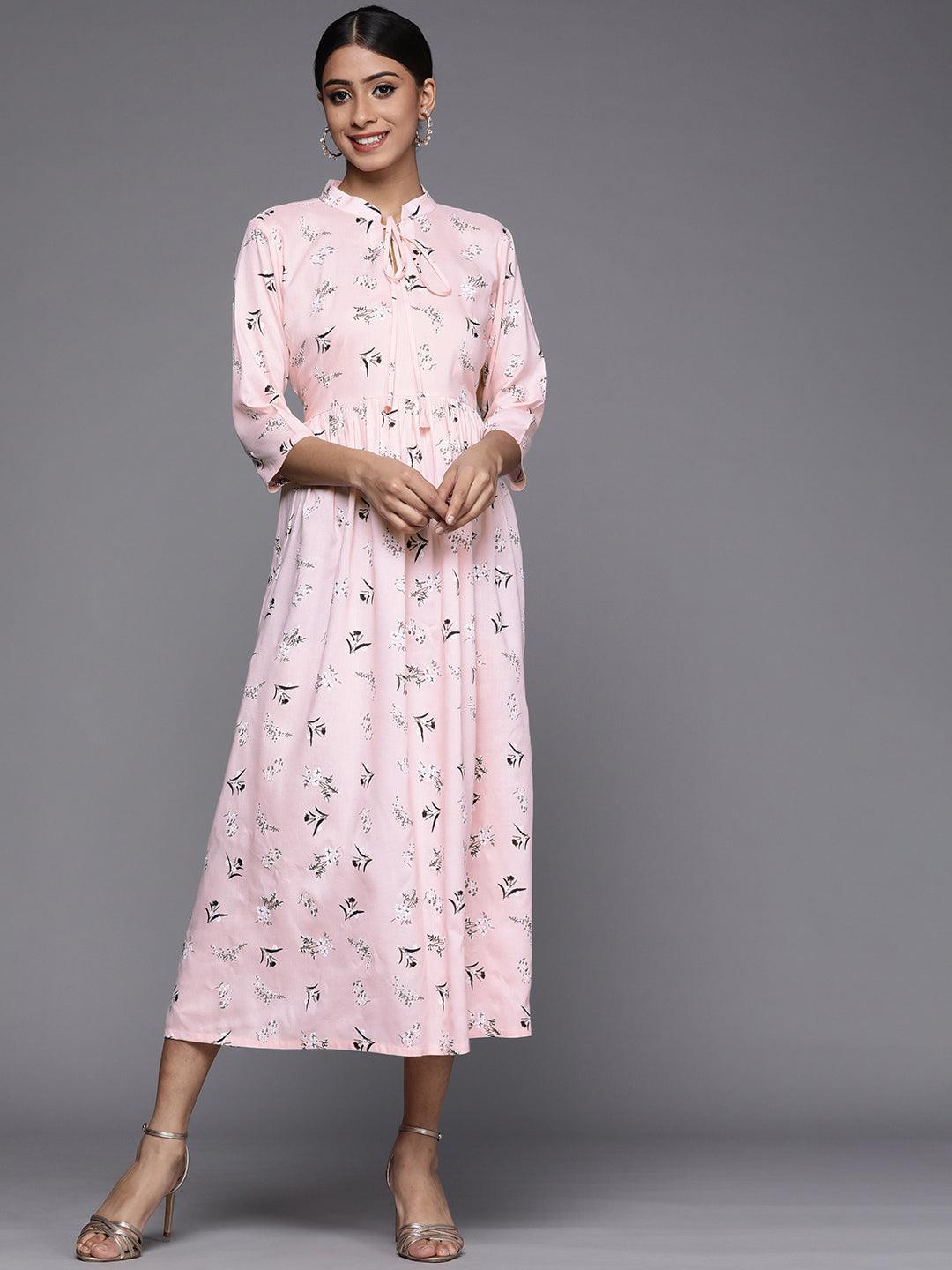 Pink Printed Rayon Maxi Dress